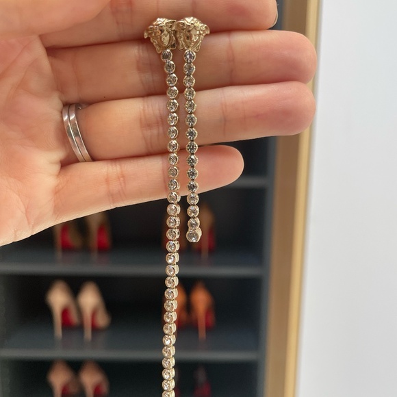 Versace Crystal Gold Earrings, Long Dangle, Asymmetrical - Picture 3 of 7